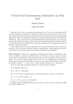 A Primer for Communicating Mathematics Via Plain Text