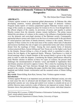 Jan-Jun: 2020) Practices of Domestic Violence… Practices of Domestic Violence in Pakistan: an Islamic Perspective *Zainab Sadiq **Dr