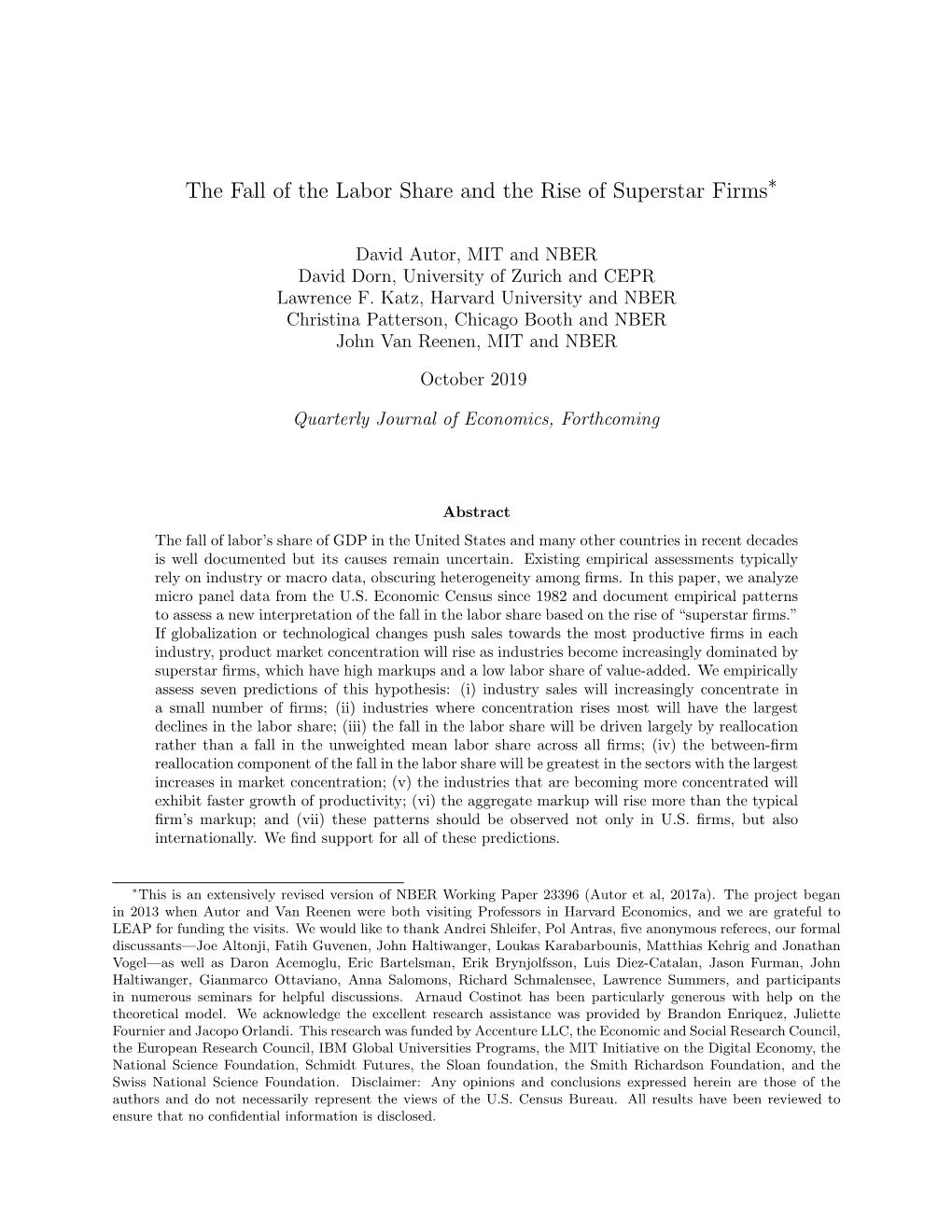 The Fall of the Labor Share and the Rise of Superstar Firms∗