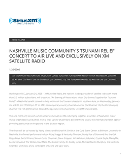 Nashville Music Community's Tsunami Relief Concert to Air Live and Exclusively on Xm Satellite Radio