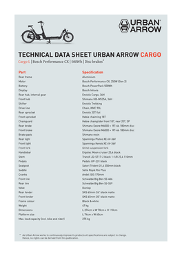 TECHNICAL DATA SHEET URBAN ARROW CARGO Cargo L | Bosch Performance CX | 500Wh | Disc Brakes*