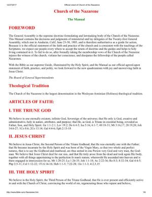 Church of the Nazarene FOREWORD Theological Tradition ARTICLES