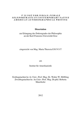 Dissertation Zur Erlangung Des Doktorgrades Der Philosophie an Der Karl-Franzens-Universität Graz
