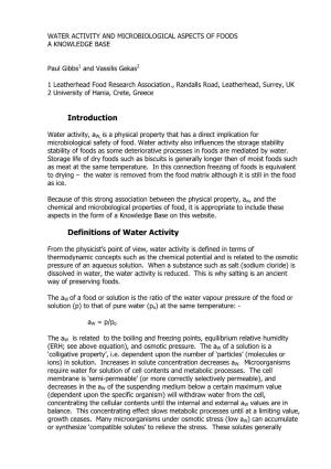 Water Activity and Microbiological Aspects of Foods a Knowledge Base