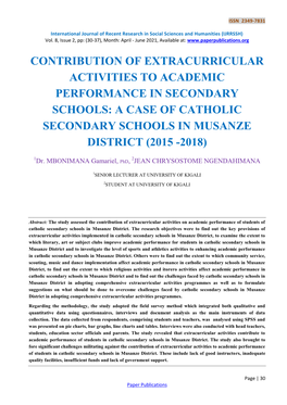 A Case of Catholic Secondary Schools in Musanze District (2015 -2018)