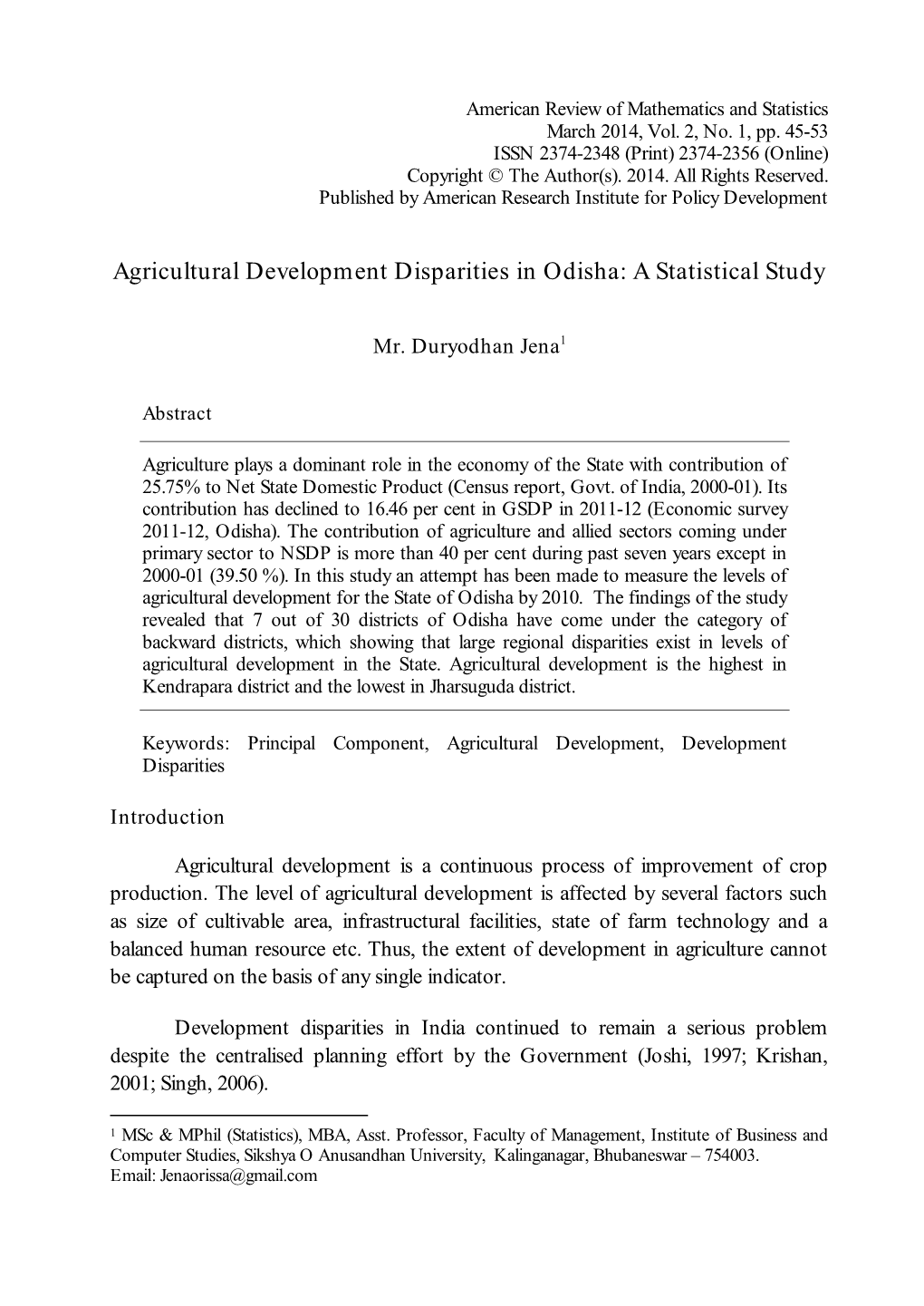 Agricultural Development Disparities in Odisha: a Statistical Study