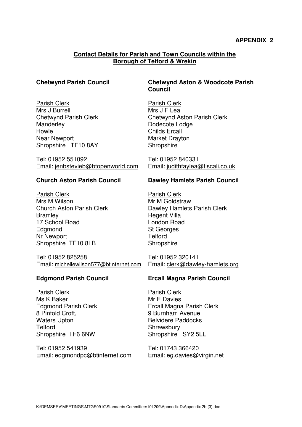 APPENDIX 2 Contact Details for Parish and Town Councils Within