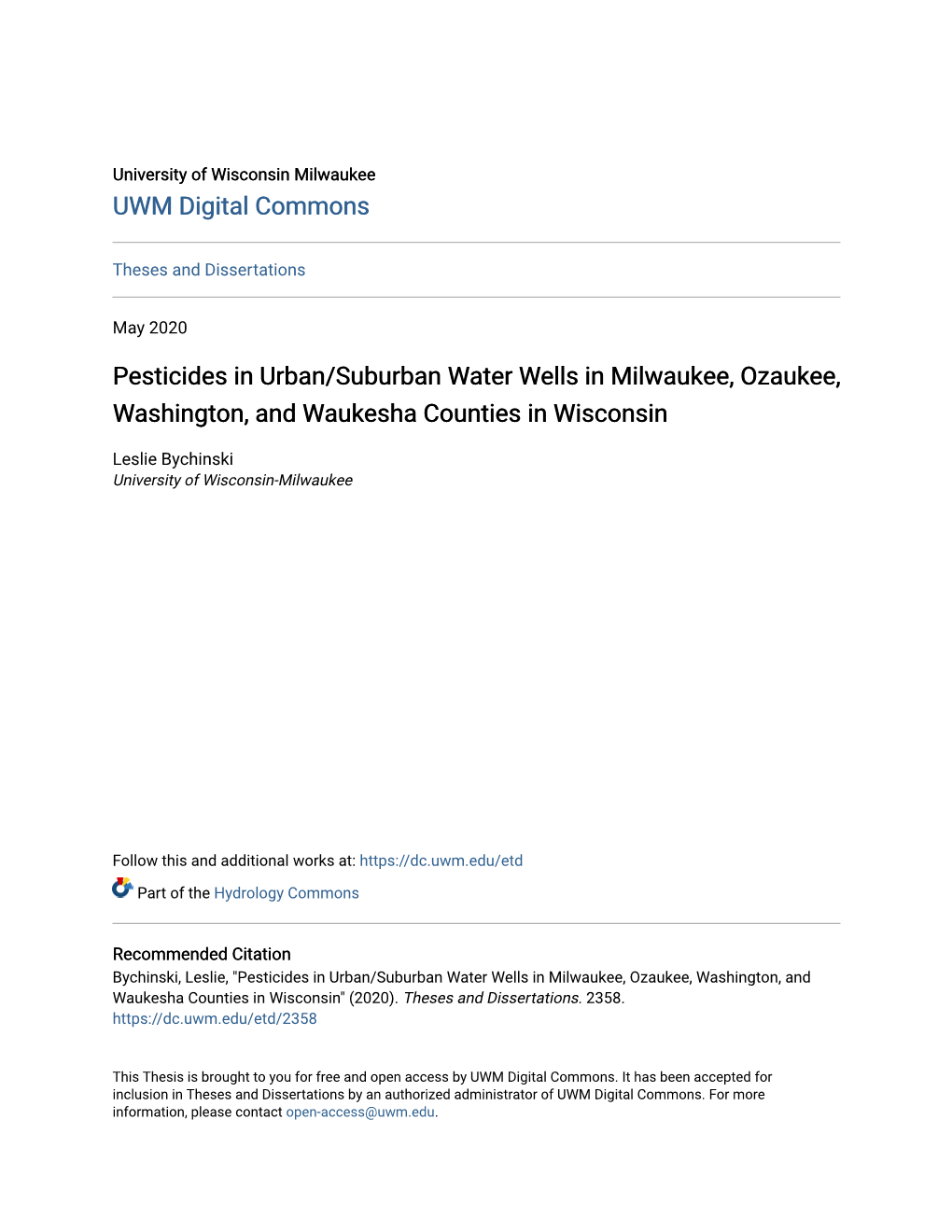 Pesticides in Urban/Suburban Water Wells in Milwaukee, Ozaukee, Washington, and Waukesha Counties in Wisconsin