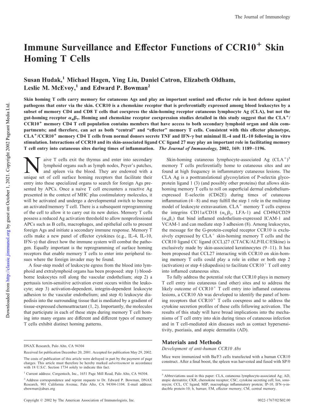 Skin Homing T Cells + of CCR10 Immune Surveillance and Effector