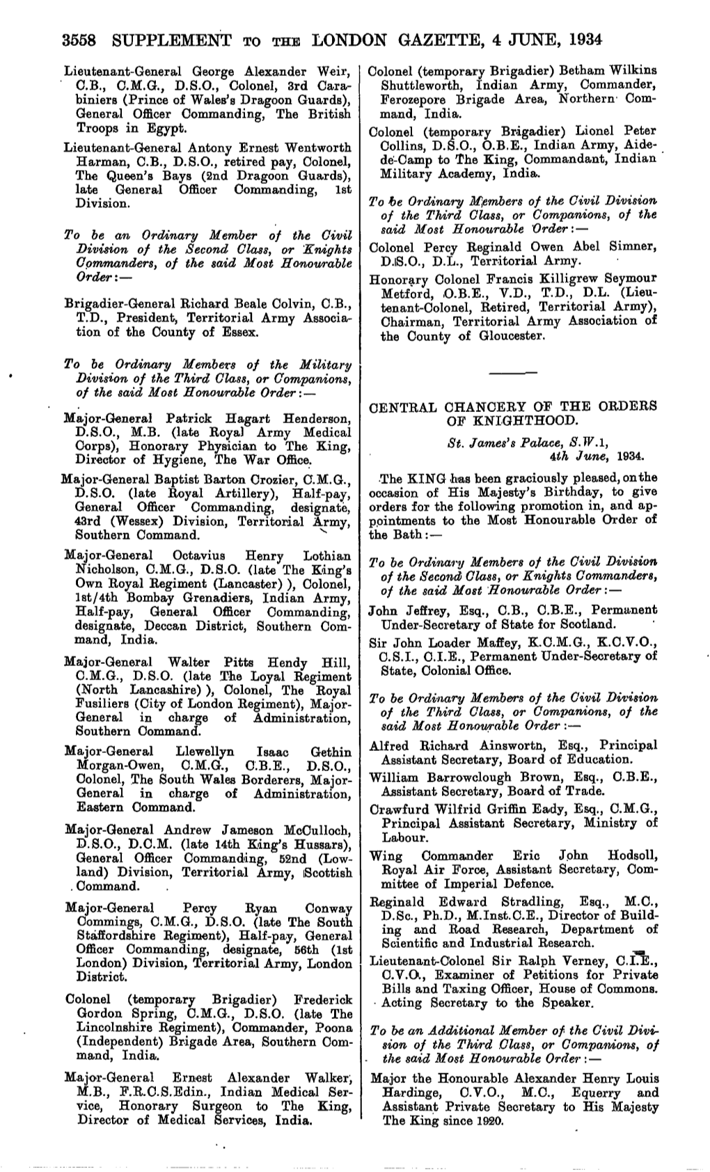 3558 Supplement to the London Gazette, 4 June, 1934
