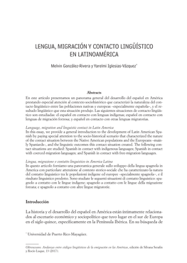 Lengua, Migración Y Contacto Lingüístico En Latinoamérica