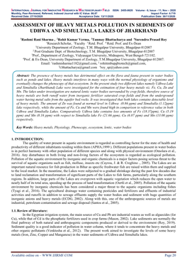 Assessment of Heavy Metals Pollution in Sediments of Udhwa and Simultalla Lakes of Jharkhand