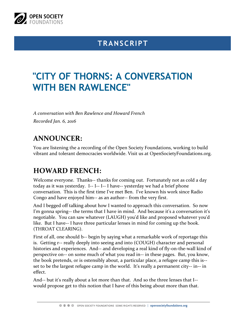 "City of Thorns: a Conversation with Ben Rawlence"