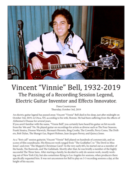 Vincent “Vinnie” Bell, 1932-2019 the Passing of a Recording Session Legend, Electric Guitar Inventor and Effects Innovator