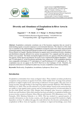 Diversity and Abundance of Zooplankton in River Aswa in Uganda