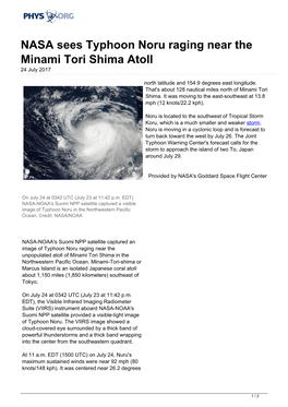 NASA Sees Typhoon Noru Raging Near the Minami Tori Shima Atoll 24 July 2017