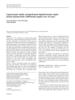 Laparoscopic Totally Extraperitoneal Inguinal Hernia Repair: Lessons Learned from 3,100 Hernia Repairs Over 15 Years