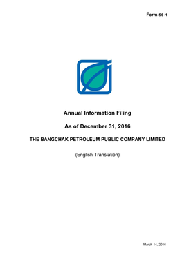 Annual Information Filing As of December 31, 2016 the BANGCHAK PETROLEUM PUBLIC COMPANY LIMITED
