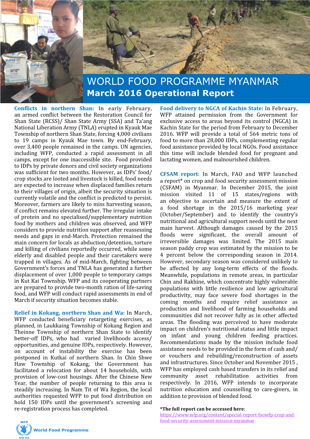 WORLD FOOD PROGRAMME MYANMAR March 2016 Operational Report