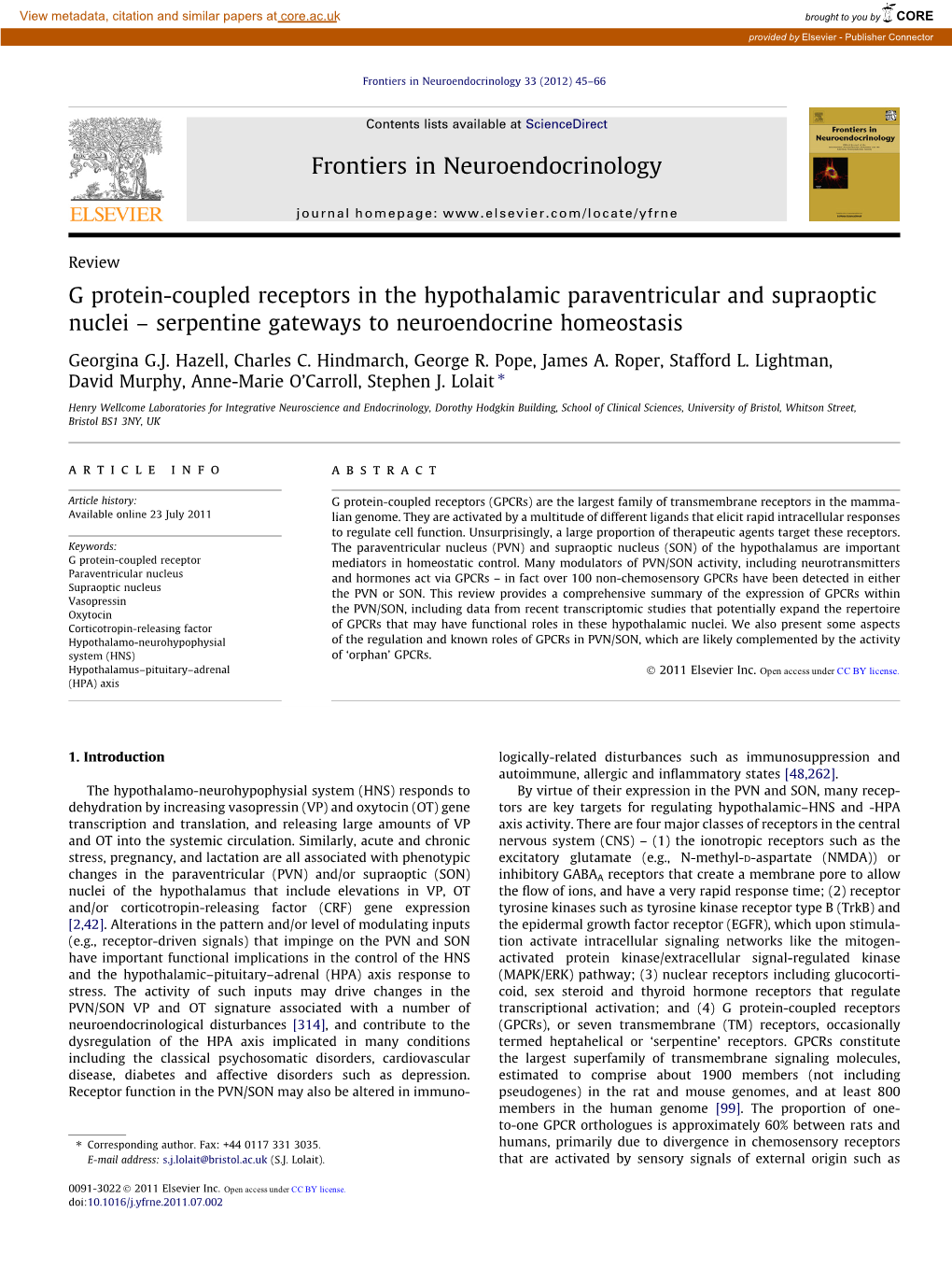 G Protein-Coupled Receptors in the Hypothalamic Paraventricular and Supraoptic Nuclei – Serpentine Gateways to Neuroendocrine Homeostasis