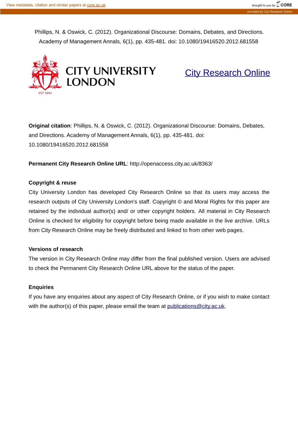 Organizational Discourse: Domains, Debates, and Directions