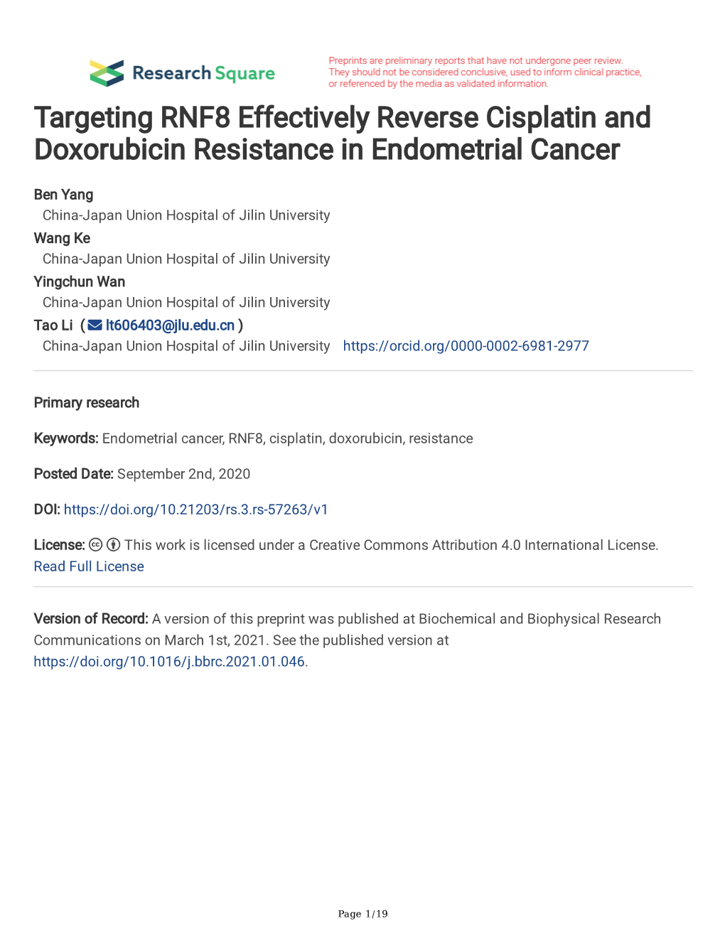 Targeting RNF8 Effectively Reverse Cisplatin and Doxorubicin Resistance in Endometrial Cancer