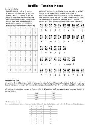 Braille – Teacher Notes Background Info in Braille, There Is a Grid of Six Spaces