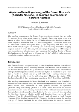 Aspects of Breeding Ecology of the Brown Goshawk (Accipiter Fasciatus) in an Urban Environment in Northern Australia