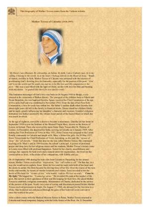 Mother Teresa of Calcutta (1910-1997), Biography