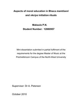 Aspects of Moral Education in Bhaca Mamtiseni and Nkciyo Initiation Rituals