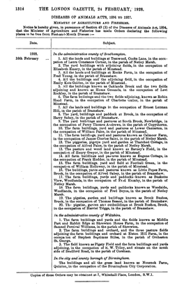 THE LONDON GAZETTE, 24 FEBRUARY, 1928. DISEASES of ANIMALS ACTS, 1894 Tf6 1927> MINISTRY Or AGRICULTURE and FISHERIES