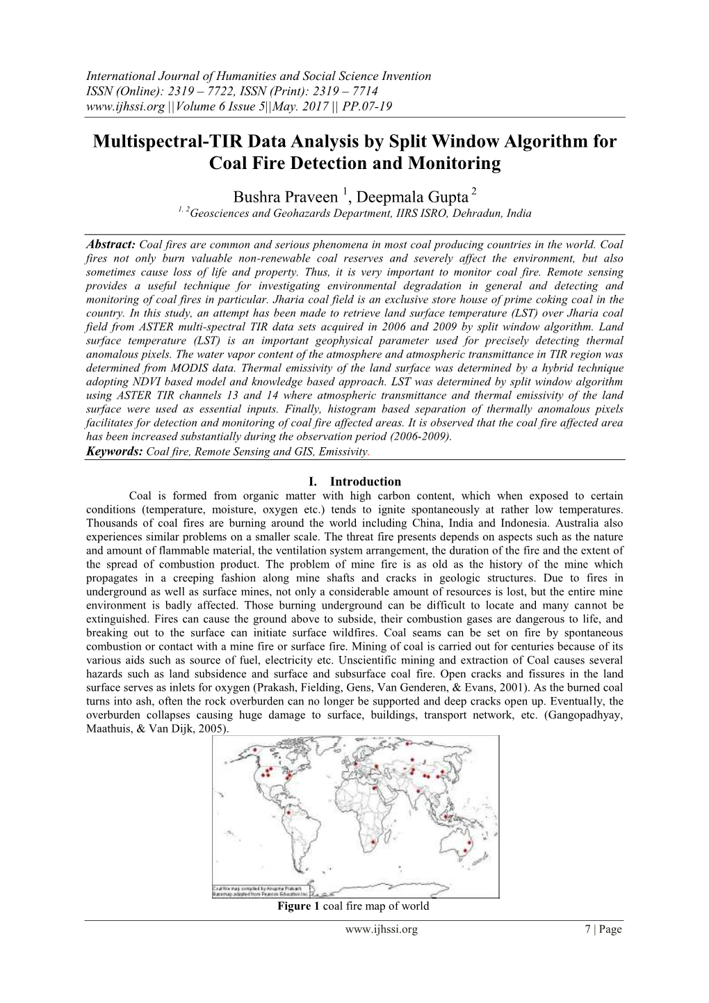 Multispectral-TIR Data Analysis by Split Window Algorithm for Coal Fire Detection and Monitoring