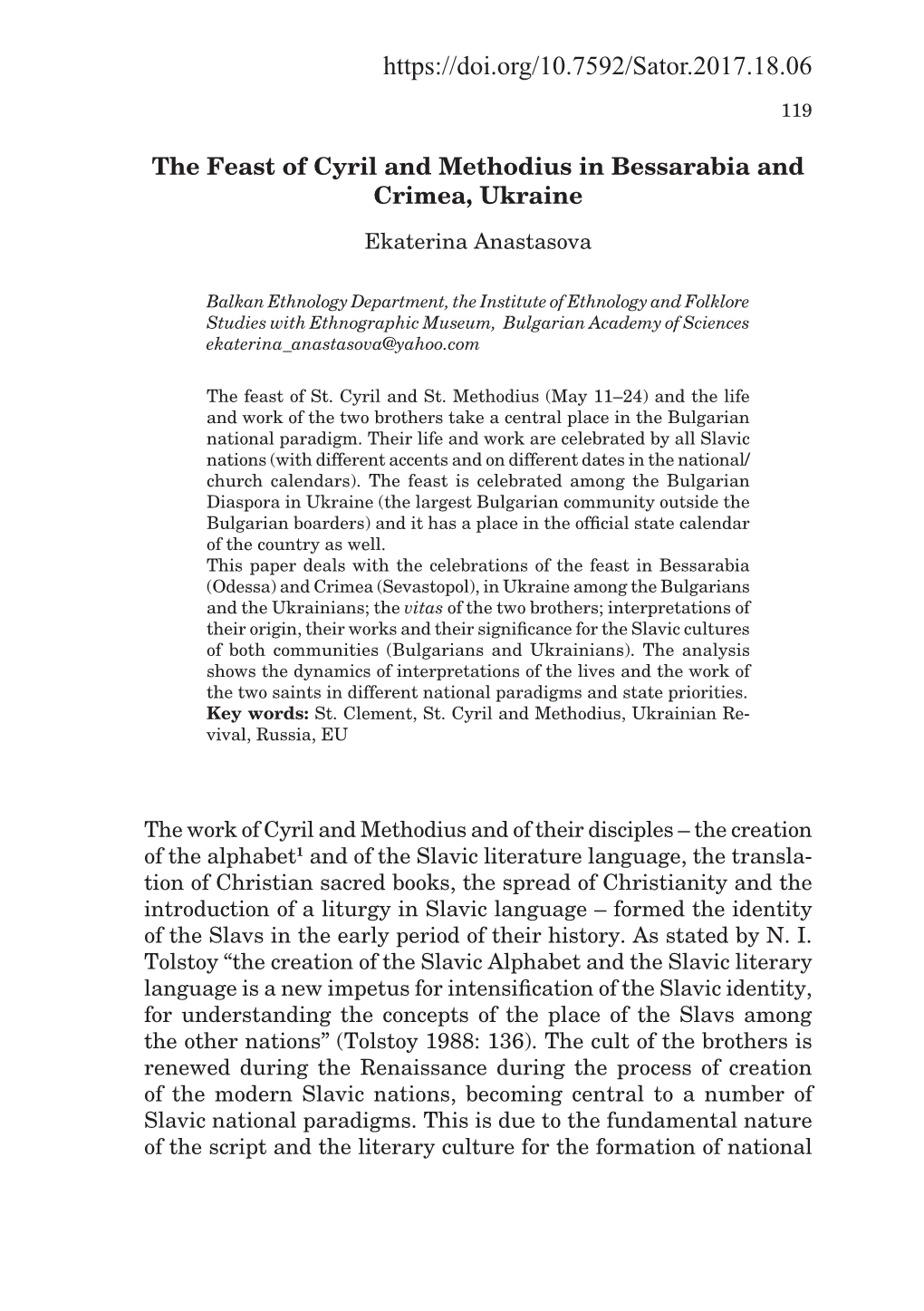 The Feast of Cyril and Methodius in Bessarabia and Crimea, Ukraine Ekaterina Anastasova