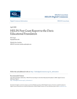 HELIN Post Grant Report to the Davis Educational Foundation Bob Aspri Baspri@Etal.Uri.Edu