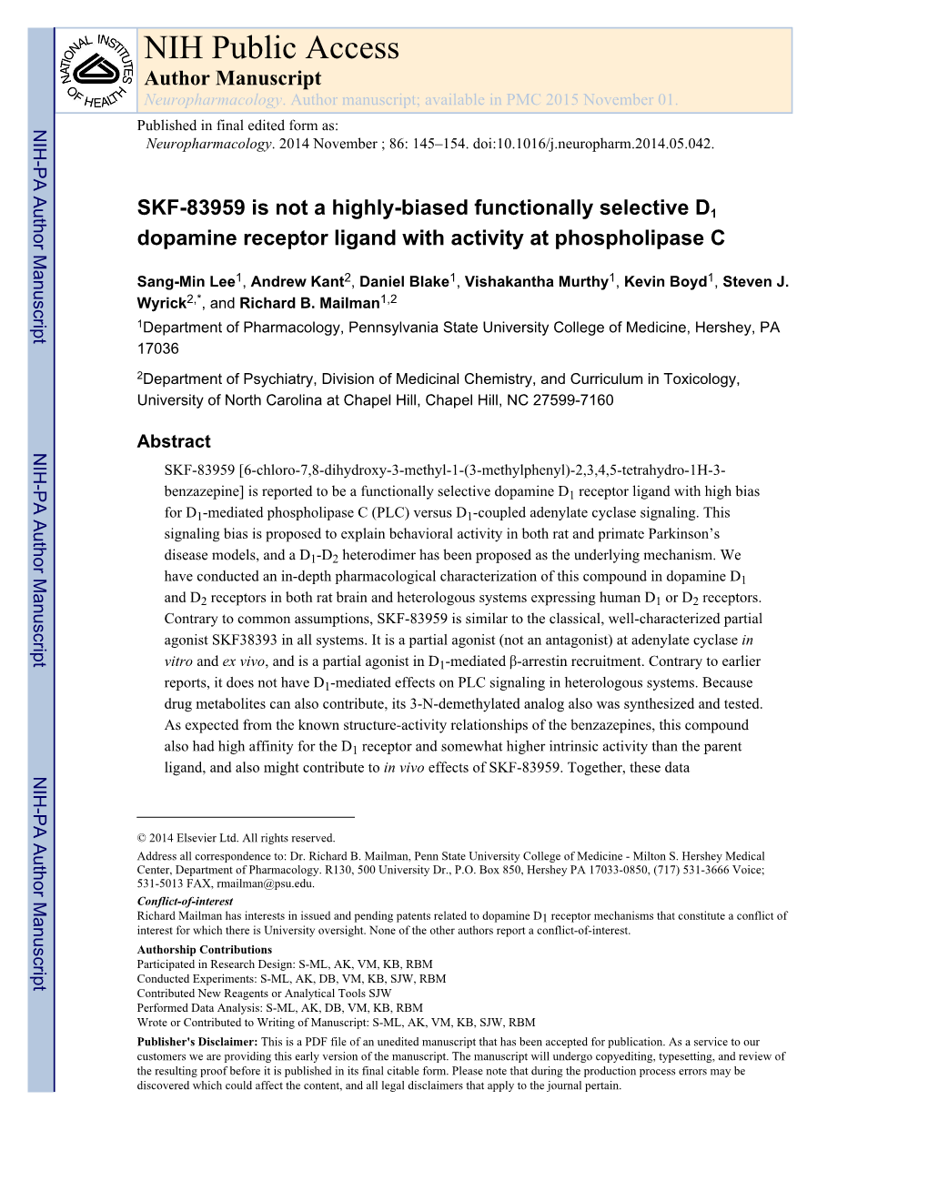 NIH Public Access Author Manuscript Neuropharmacology