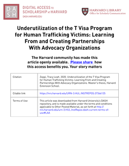 Underutilization of the T Visa Program for Human Trafficking Victims: Learning from and Creating Partnerships with Advocacy Organizations