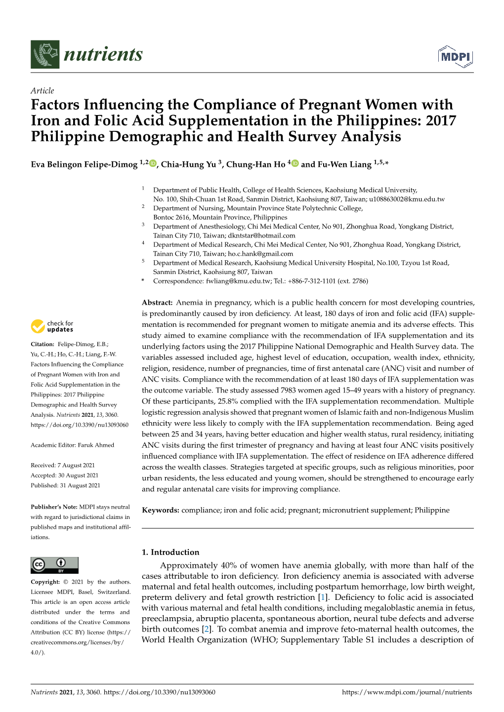 Factors Influencing the Compliance of Pregnant Women with Iron