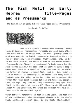 The Fish Motif on Early Hebrew Title-Pages and As Pressmarks