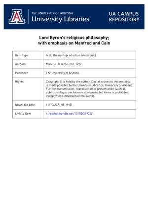 Lord Byron*S Religious Philosophy: with Emphasis on Manfred and Cain
