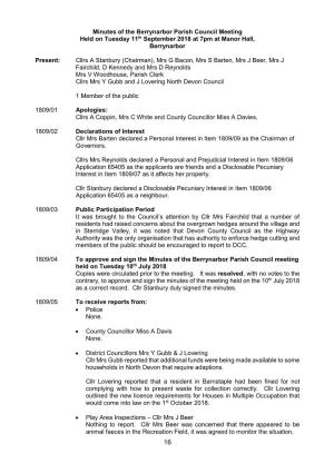 Minutes of the Berrynarbor Parish Council Meeting Held on Tuesday 11Th September 2018 at 7Pm at Manor Hall, Berrynarbor