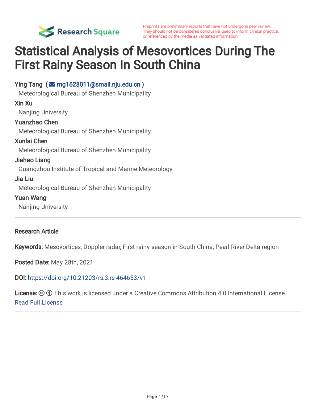 Statistical Analysis of Mesovortices During the First Rainy Season in South China