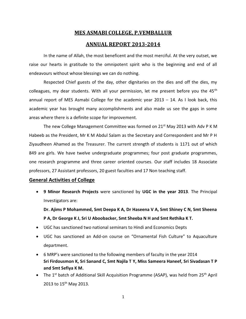 Mes Asmabi College, P.Vemballur Annual Report 2013-2014