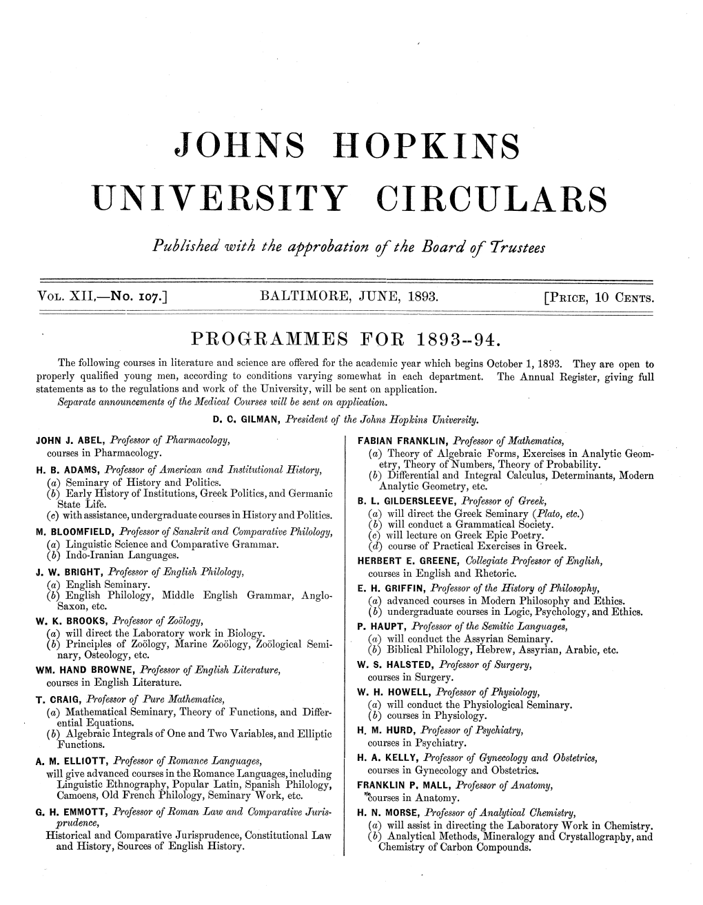 Johns Hopkins University Circulars