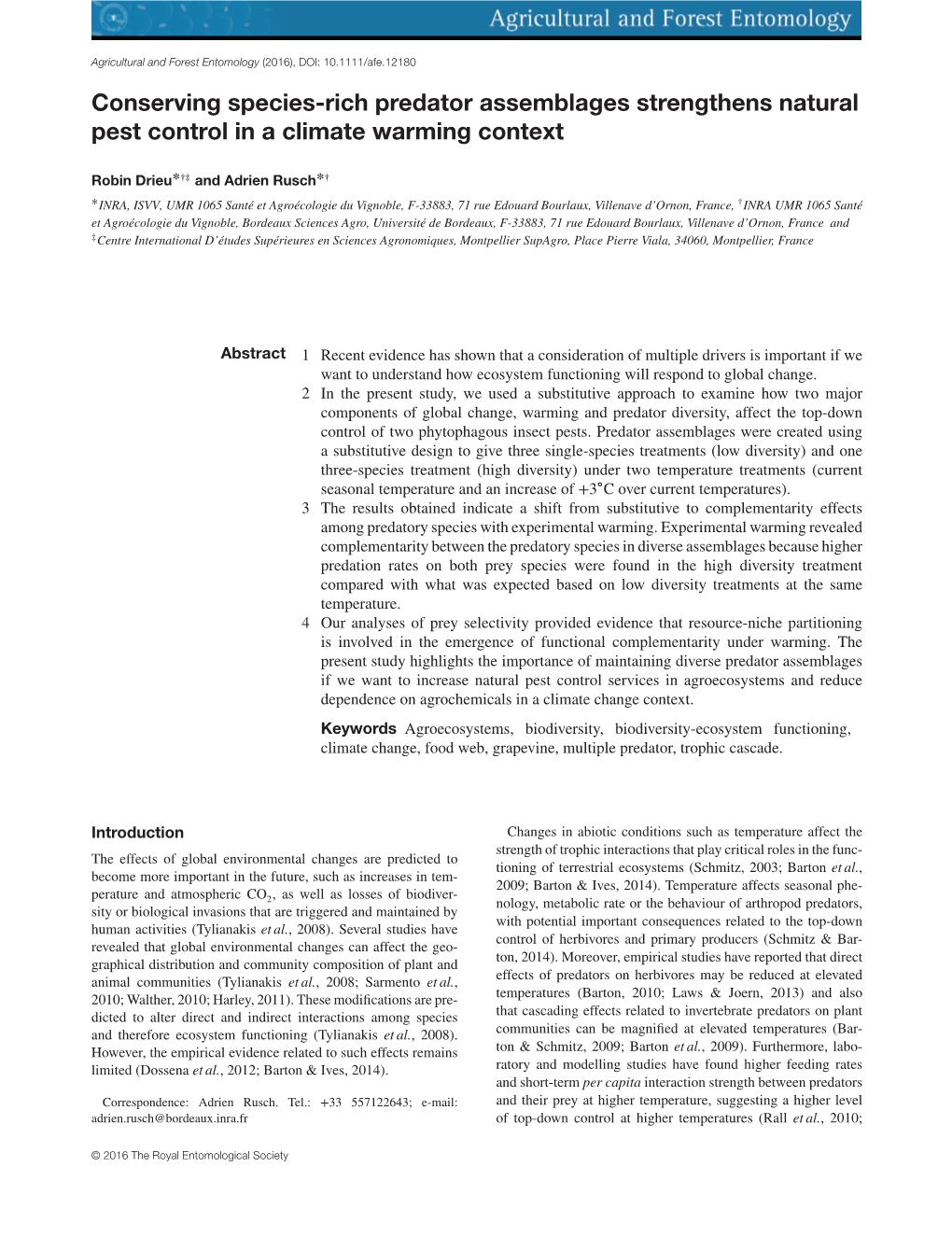 Conserving Species-Rich Predator Assemblages Strengthens Natural Pest Control in a Climate Warming Context