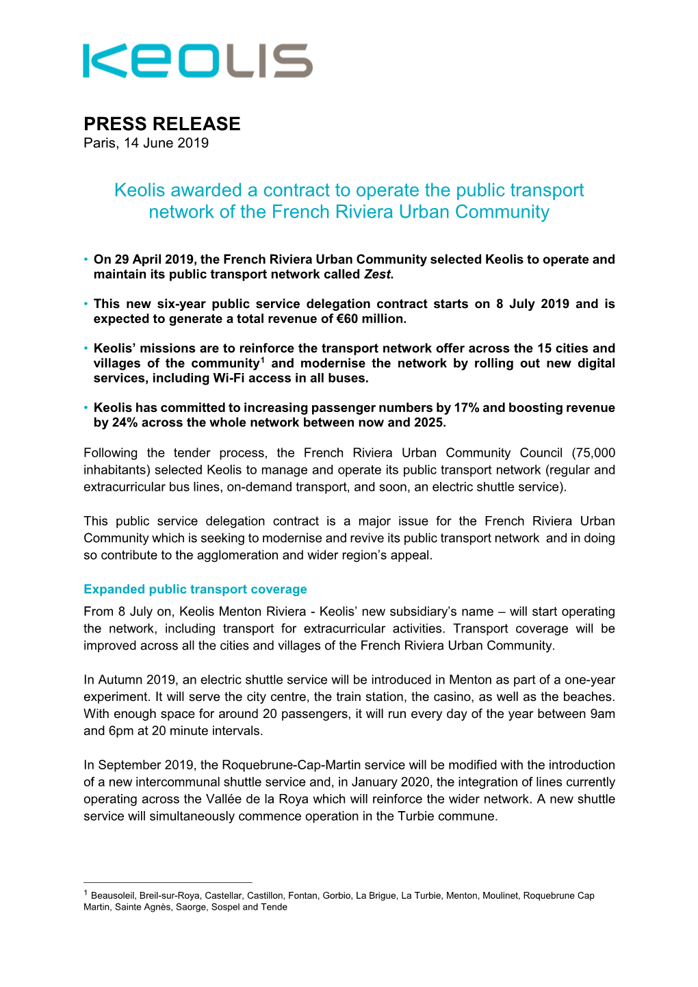 Keolis Awarded a Contract to Operate the Public Transport Network of the French Riviera Urban Community