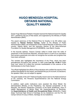 Hugo Mendoza Hospital Obtains National Qualityaward