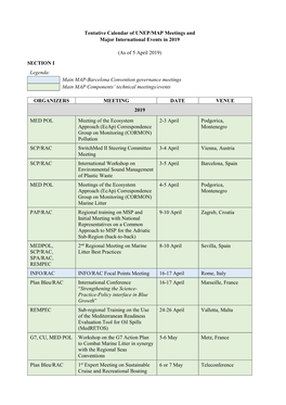 Tentative Calendar of UNEP/MAP Meetings and Major International Events in 2019
