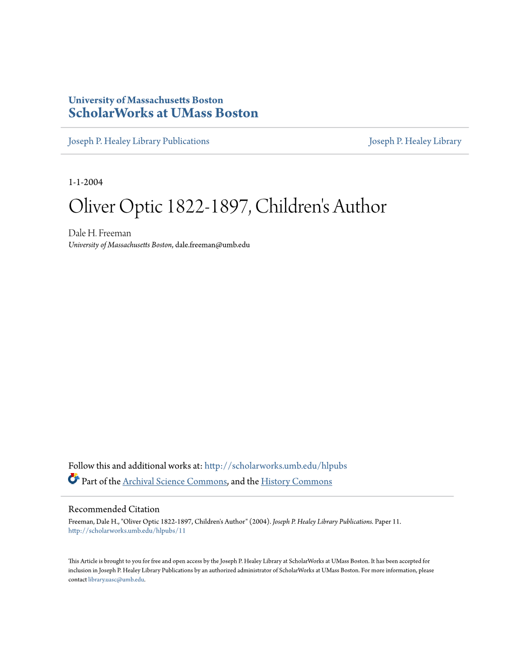 Oliver Optic 1822-1897, Children's Author Dale H