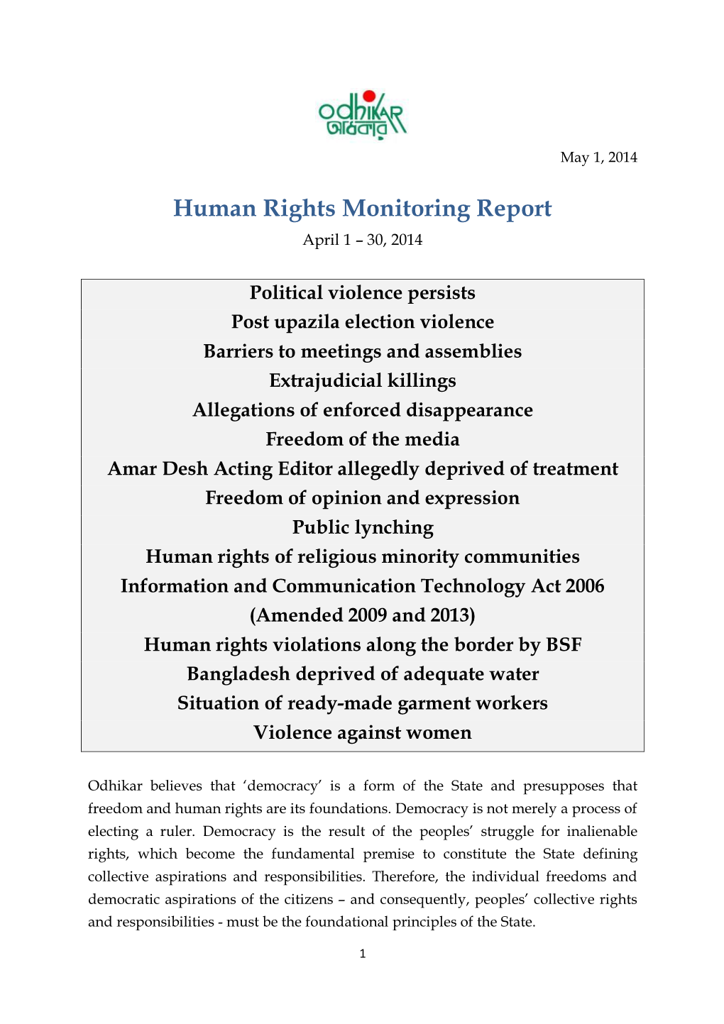 Human Rights Monitoring Report April 1 – 30, 2014
