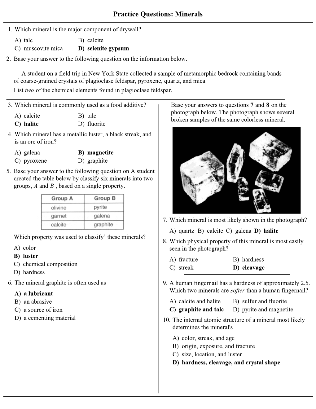 Practice Questions: Minerals